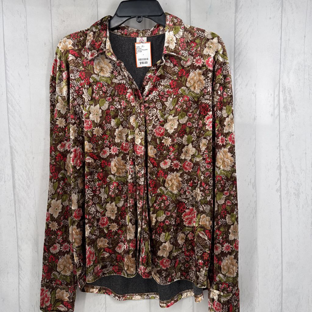 M velvet flo print button down l/s top