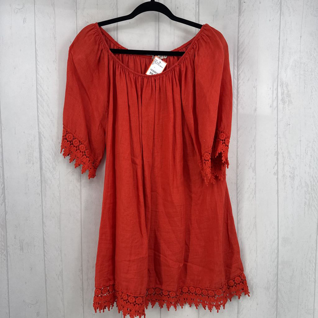 2X lace trim elbow slv top