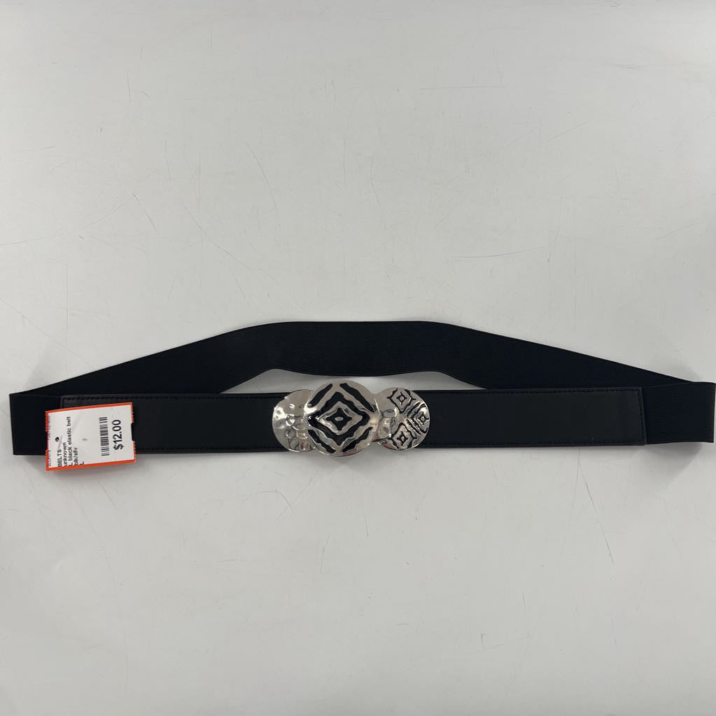 L black elastic belt w/ silver circles buckle