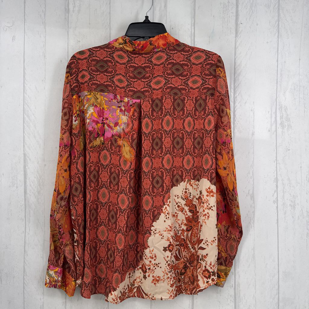 XL mixed print button down l/s top