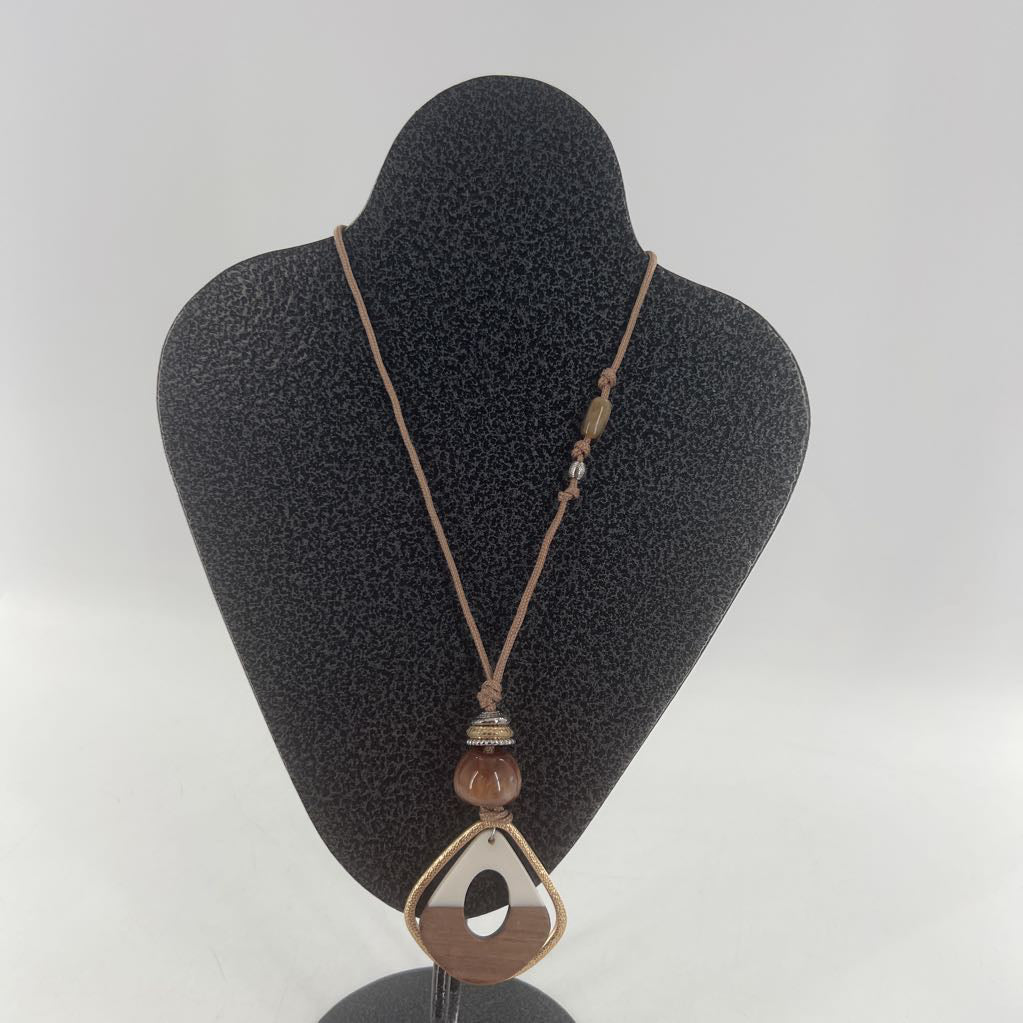 21" brown cord necklace w/ beaded wood pendant