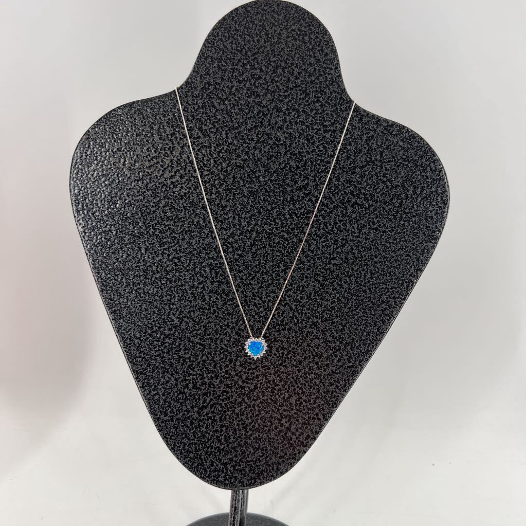 12" .925 silver w/ blue opal heart pendant necklace