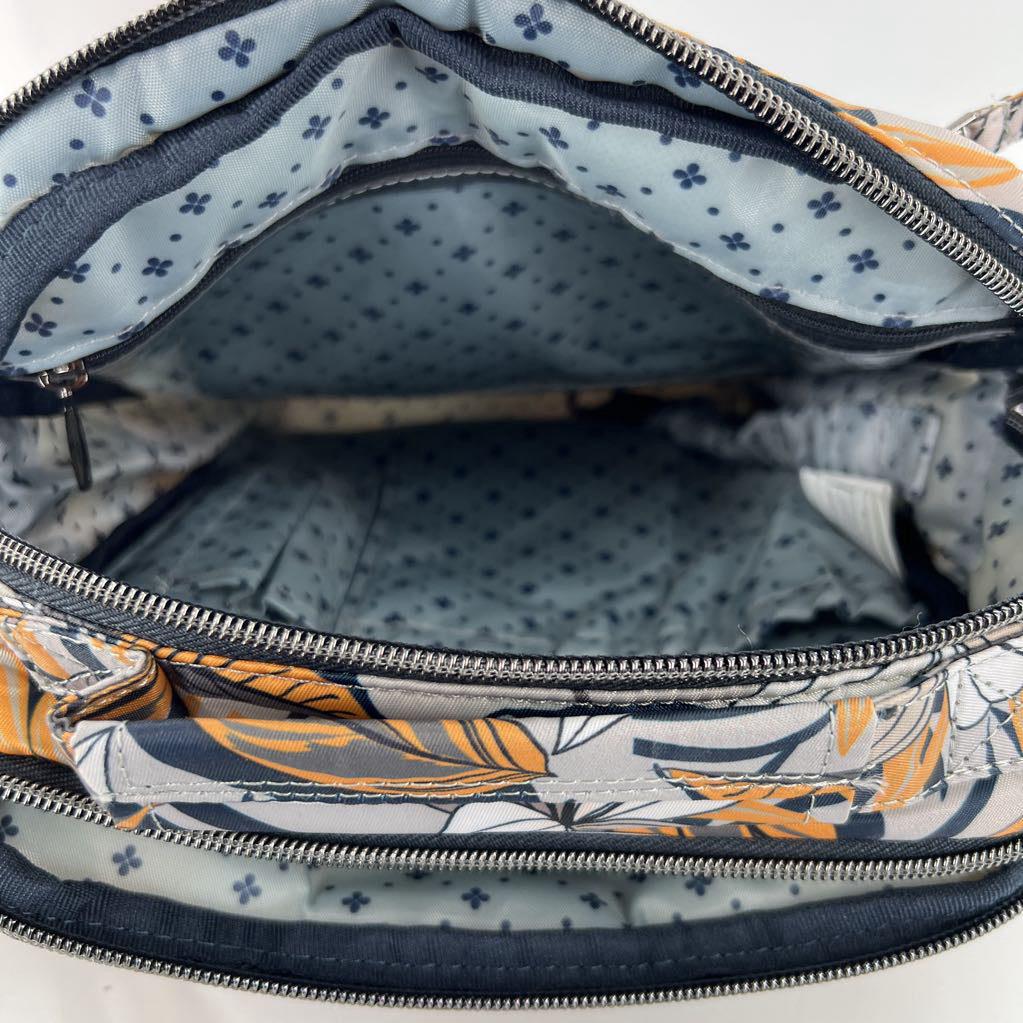 double zip leaf print crossbody w/ zip around pockets
