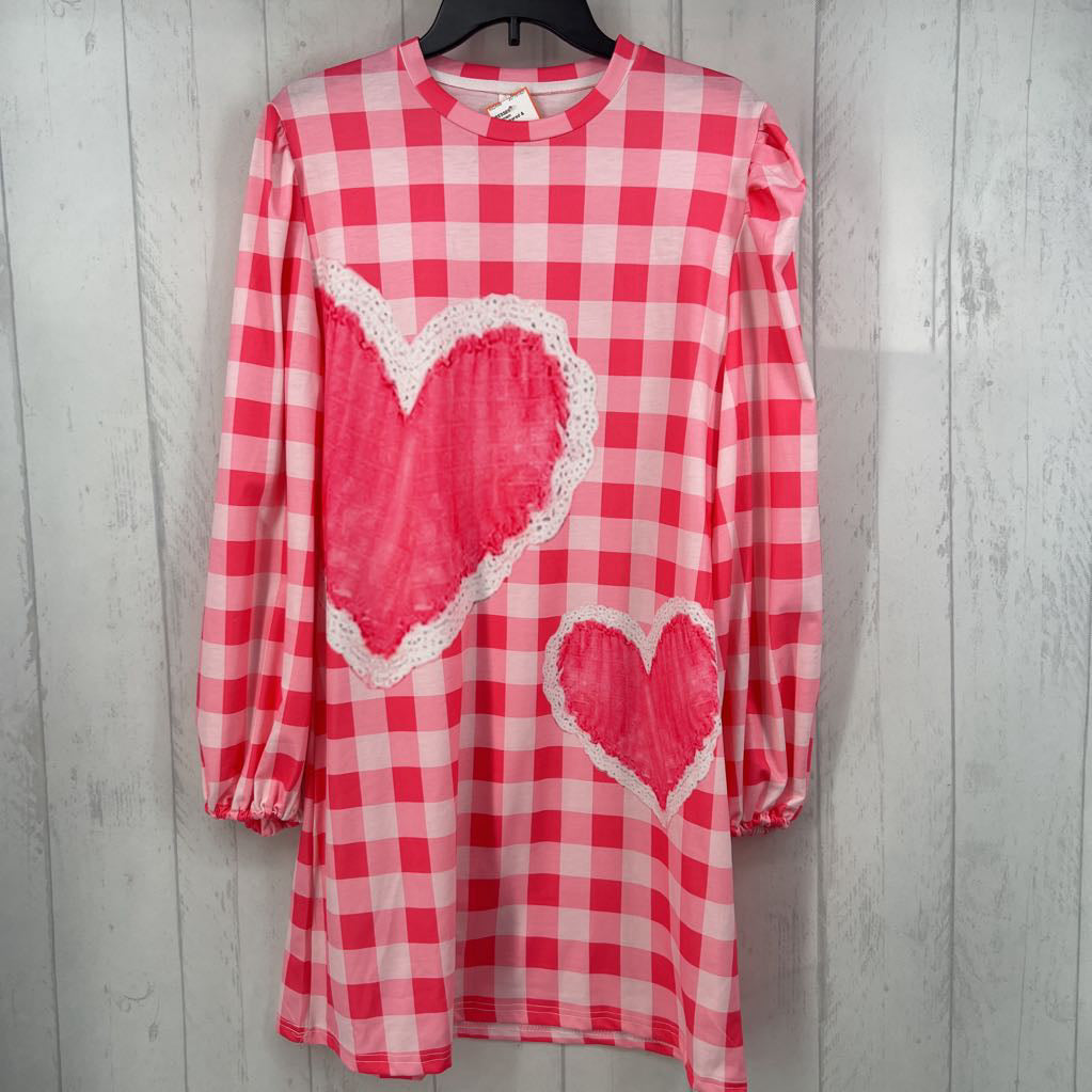 M checkered & heart print l/s dress