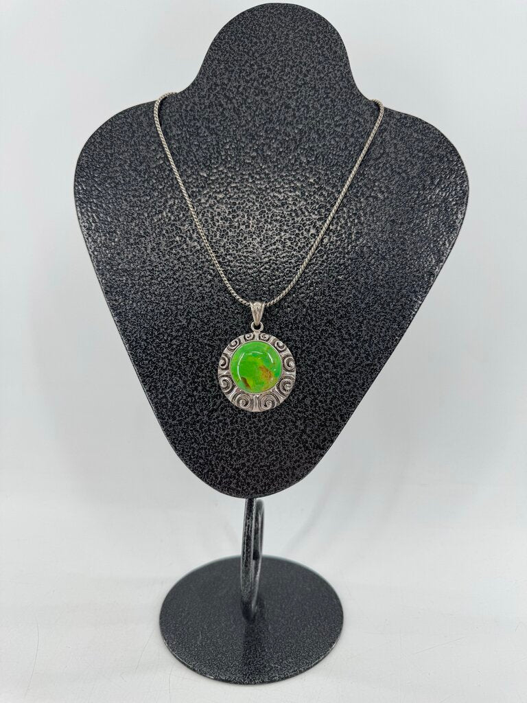 11" silver necklace w/ round green stone pendant