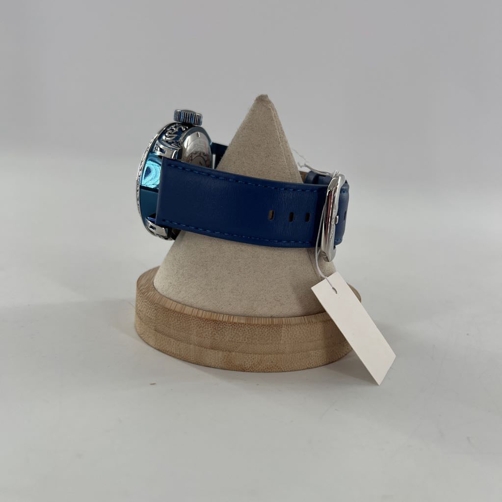 ornate scrollwork navy leather band watch
