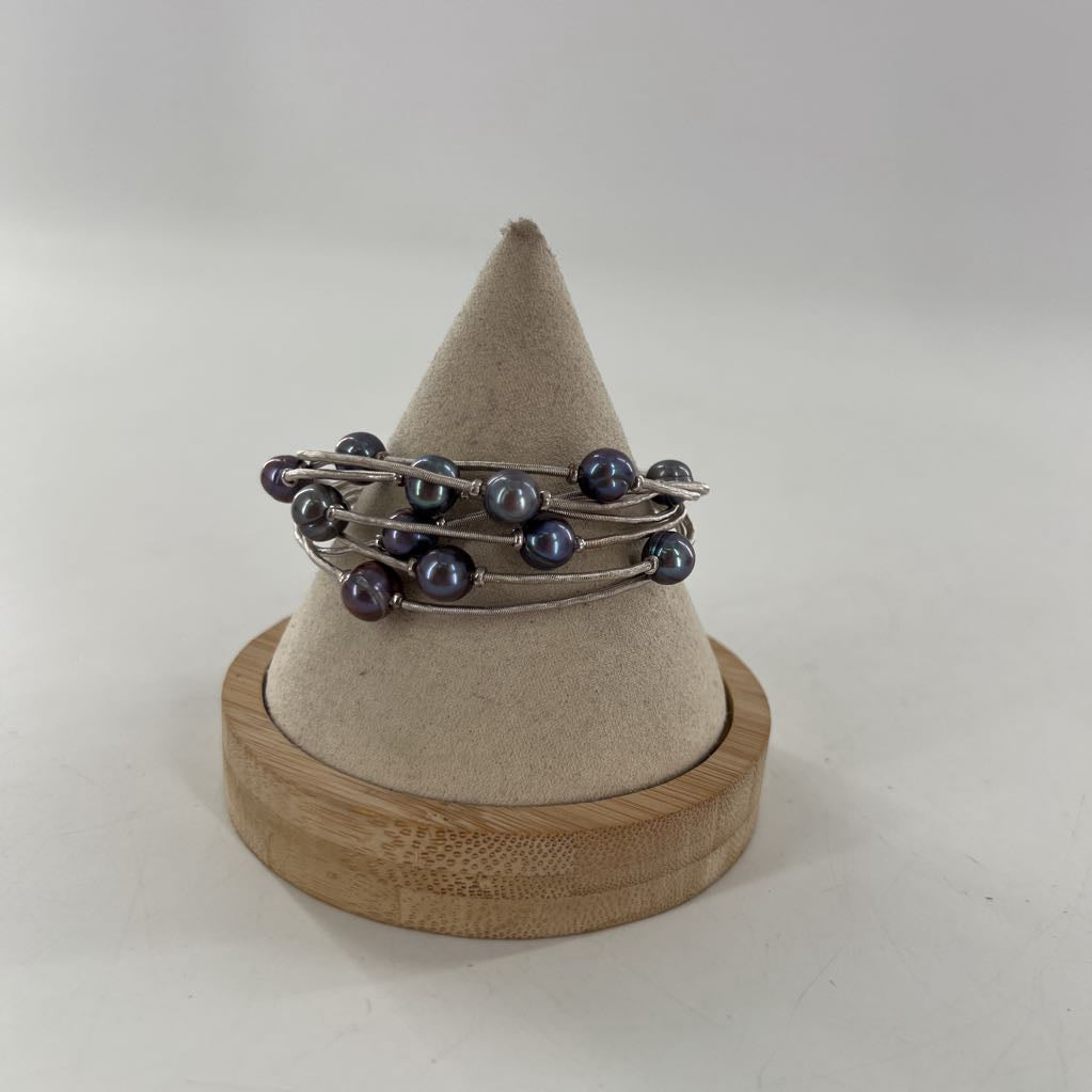 silver multi strand wire & pearl bracelet