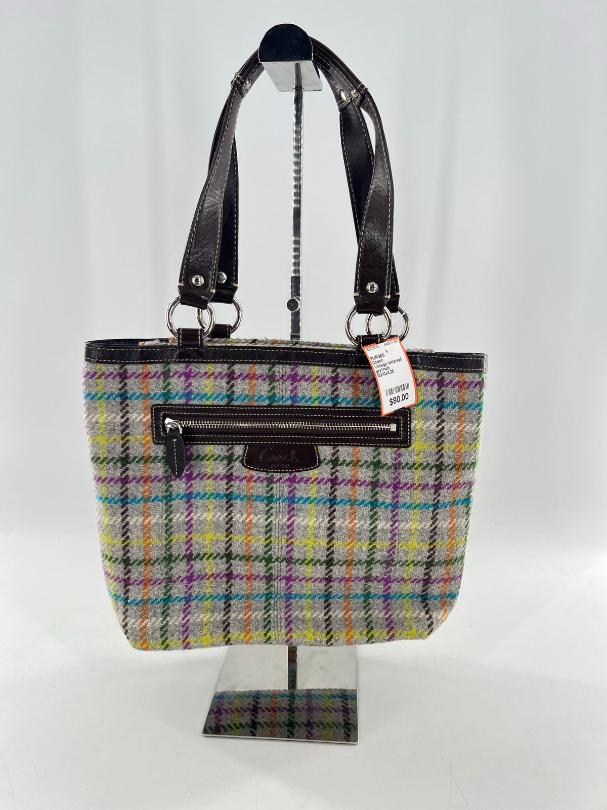 Vintage tattersall plaid wool tweed shoulder bag