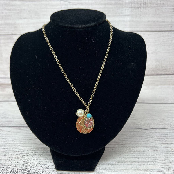 Gold chain with cross, tree, turquoise & pearl
