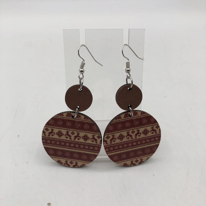 Red reindeer round wooden earrings