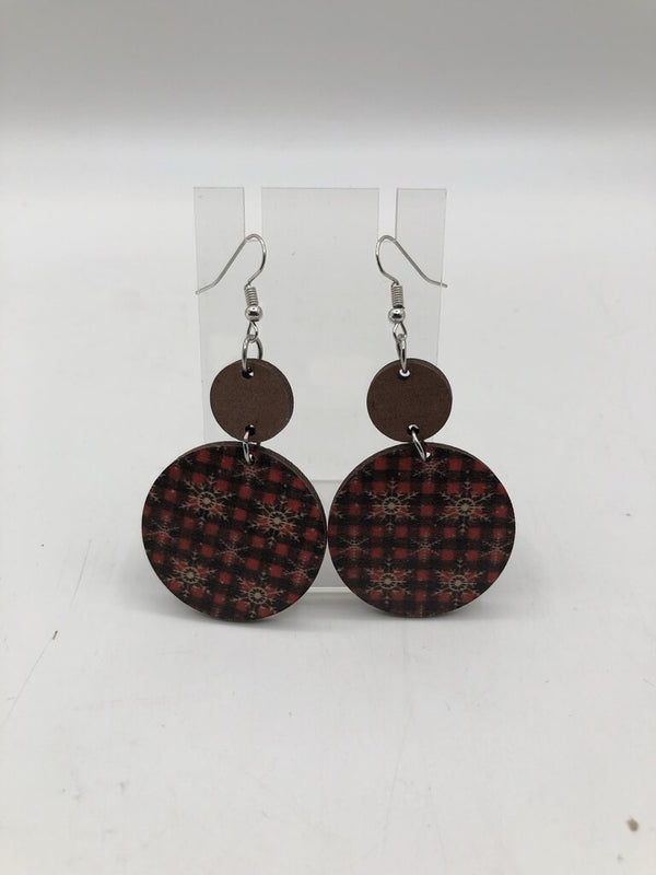 Red & black w snowflakes round wooden earrings