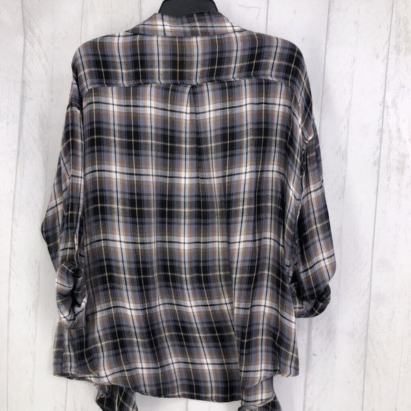 L tab slv Plaid open cardigan