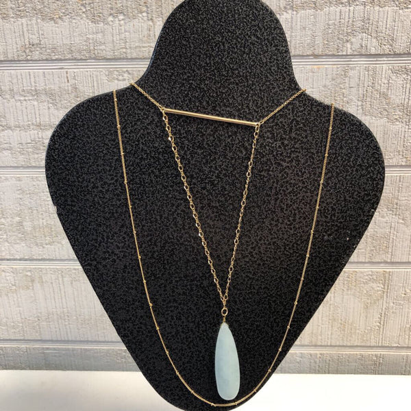 18" Double strand goldtone bar & teardrop stone necklace