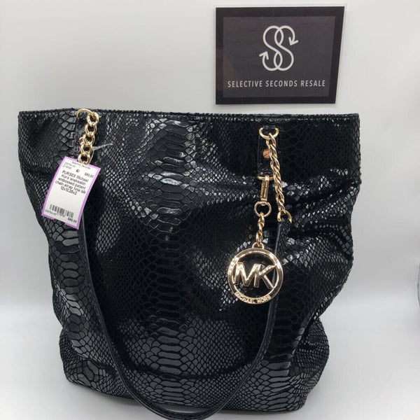 snakeskin embossed patent chain strap tote