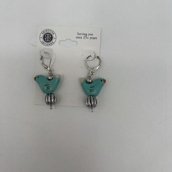 Silvertone Turquoise Bird Bead Earrings