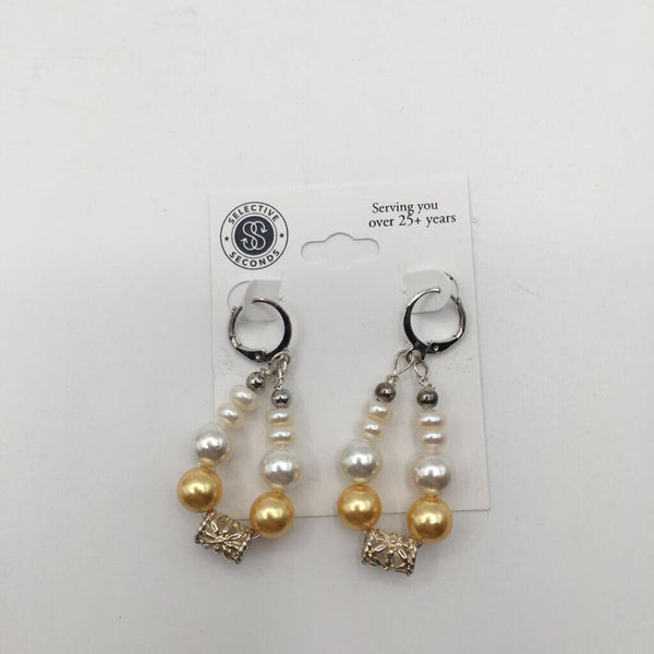 Gold & White Teardrop Bead Earrings