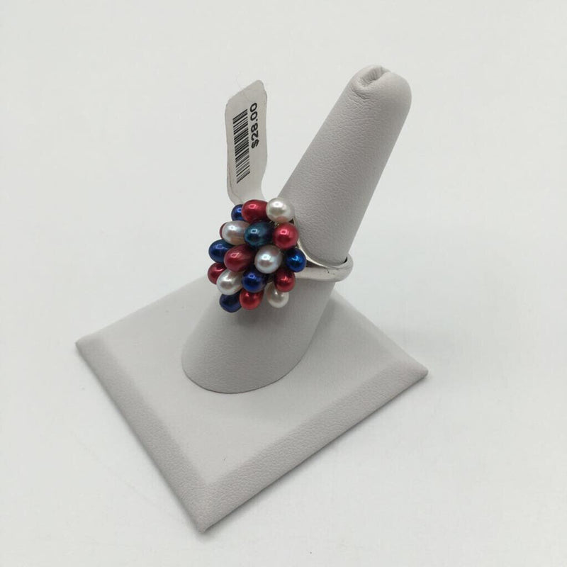 Sz8 .925 ring w/red white blue waterfall spheres