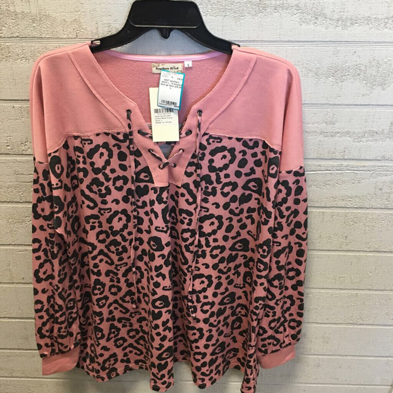 L l/s leopard lace up neck