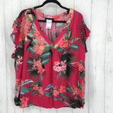 3X Flo print V neck ruffl slv