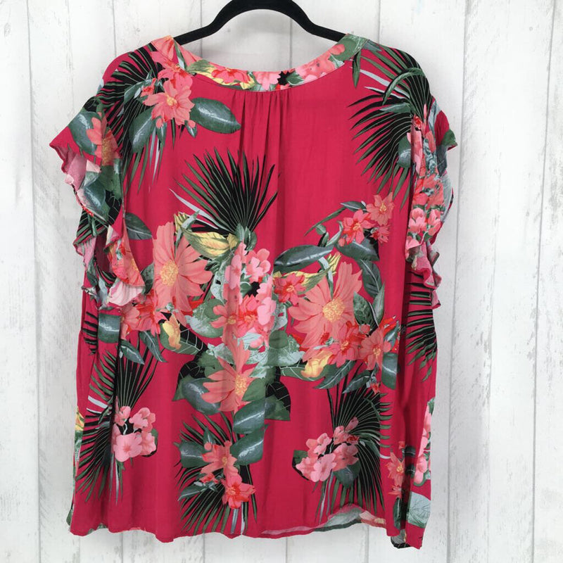 3X Flo print V neck ruffl slv