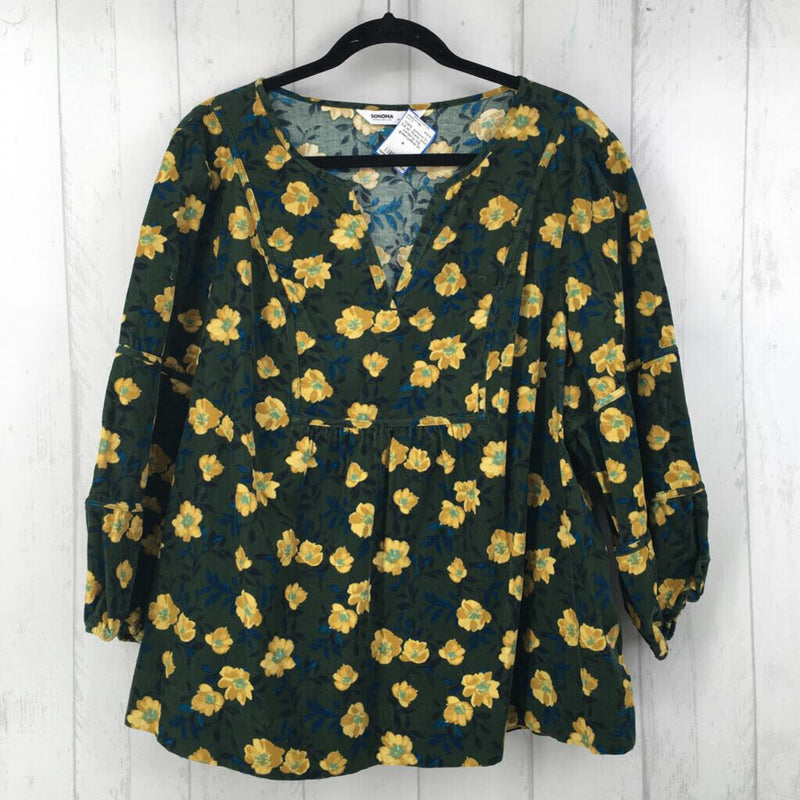 2x 3/4 slv flower print corduroy top