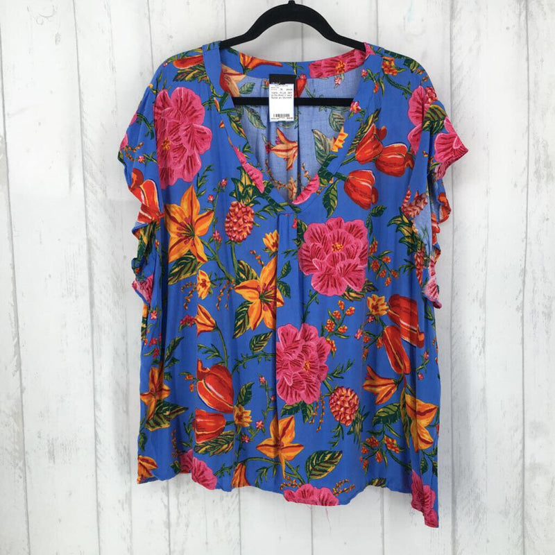 3x Flo Print V neck flutter slv