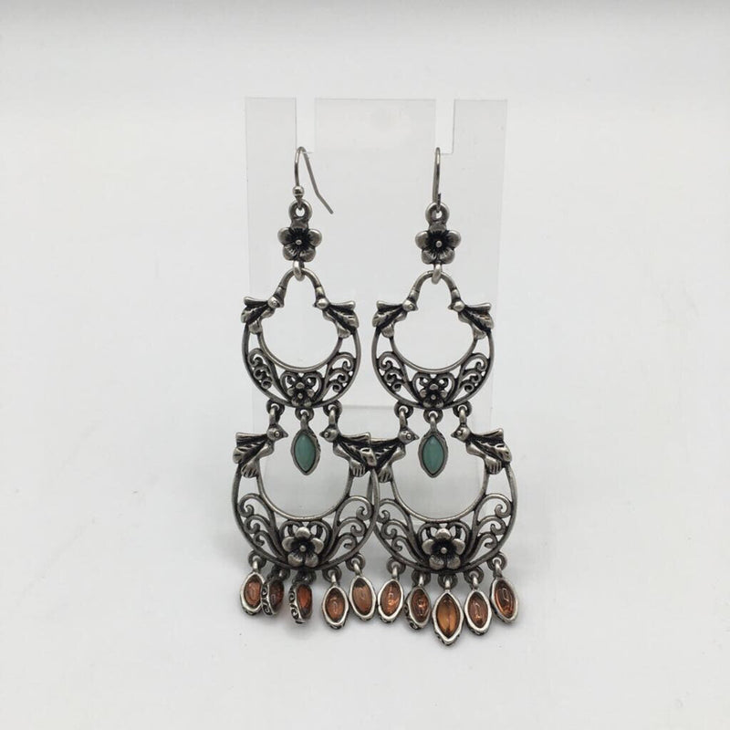 silvertone bird earrings w/turquoise & amber detail