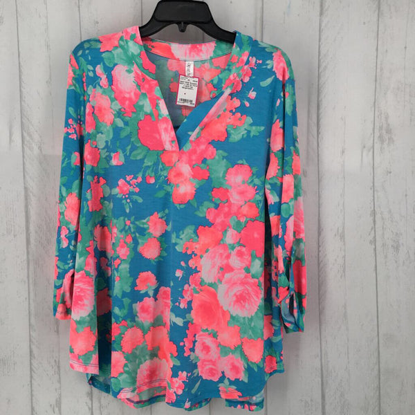 NWT L tab slv floral v neck top