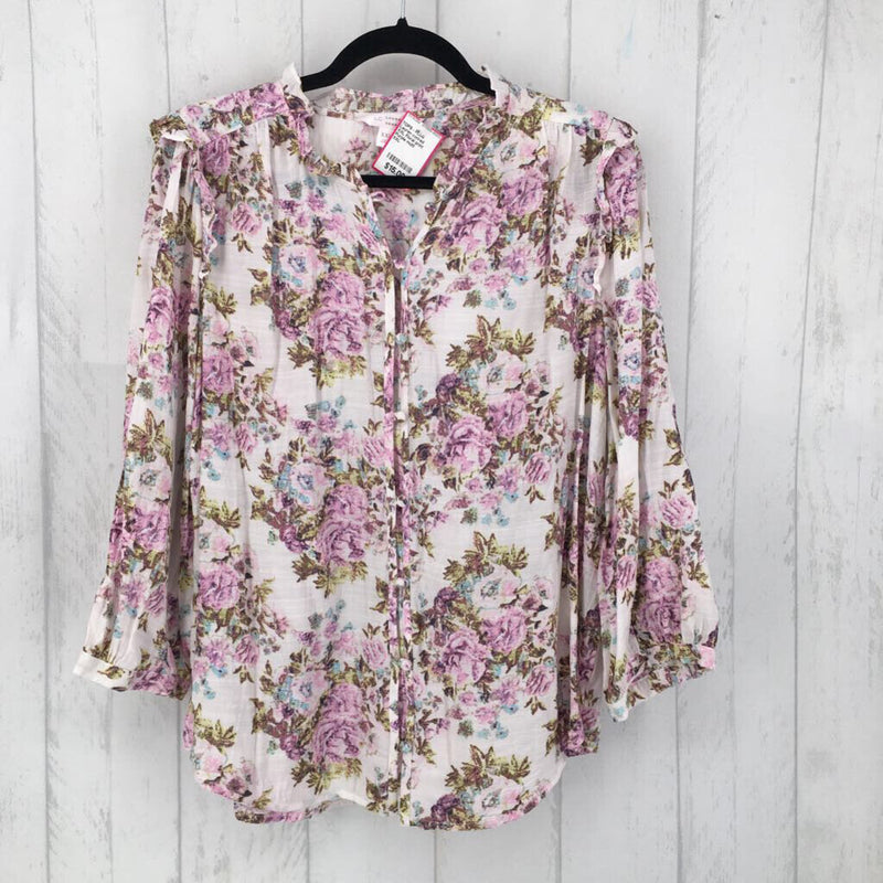 XXL Floral print ruffle buton down 3/4 slv