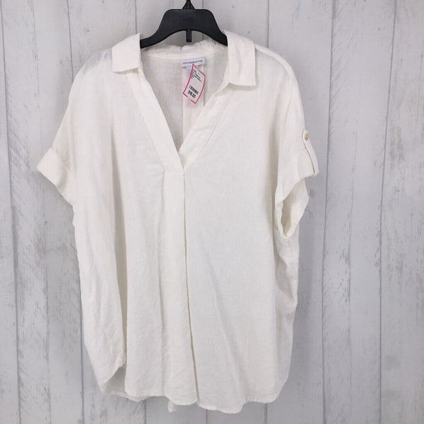 XL Linen blend V-neck tab slv