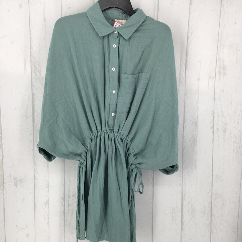 R62 L s/s half button cinch waist tunic