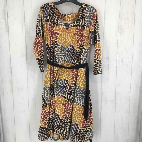 R120 XL elbow slv leaf print dress w/ belt