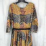 R120 XL elbow slv leaf print dress w/ belt