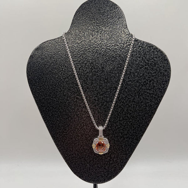 9" Silvertone necklace w/ large amber pendant