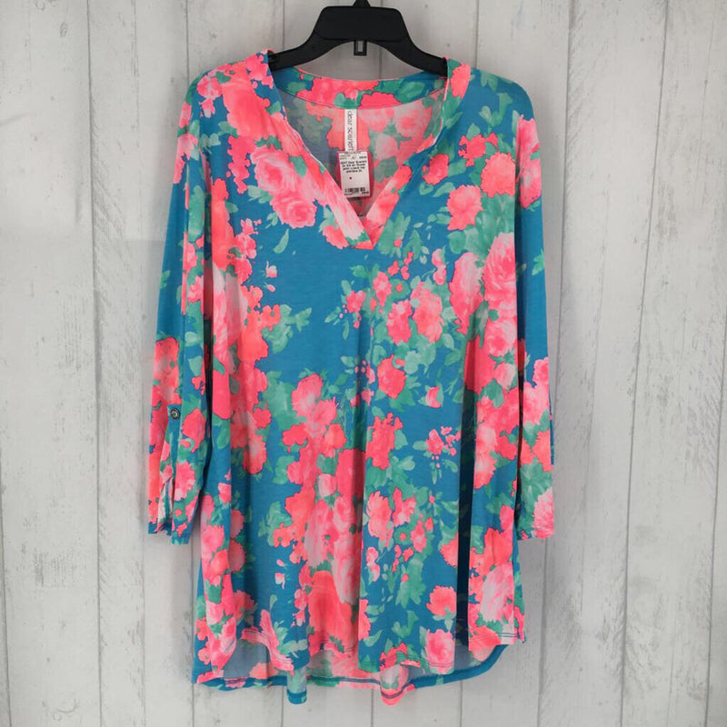 2x 3/4 slv flower print v-neck top