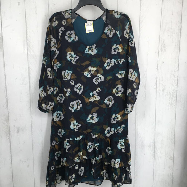 S 3/4 slv flower print dress