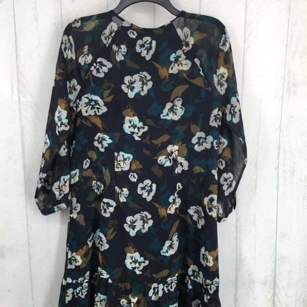 S 3/4 slv flower print dress