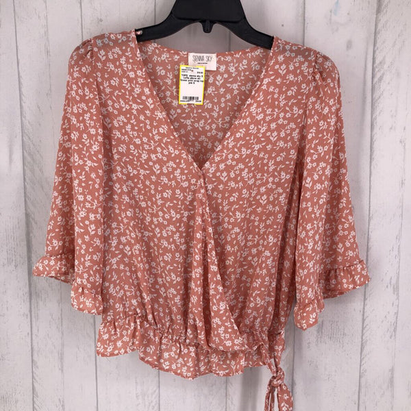 S ruffle elbow slv flower print wrap top