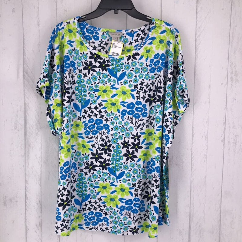 2X Flo print button back cuff s/s top