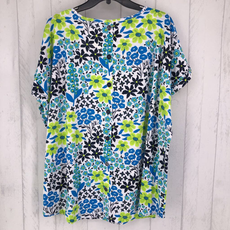 2X Flo print button back cuff s/s top