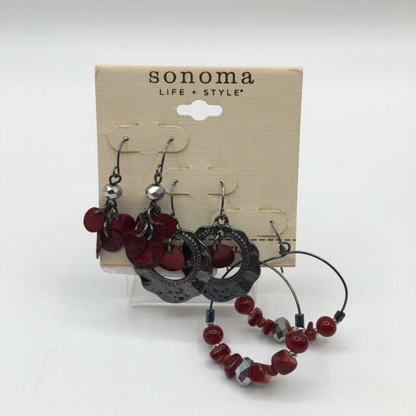 set of 3 silvertone w/burgundy beads earrings