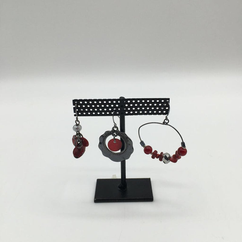 set of 3 silvertone w/burgundy beads earrings