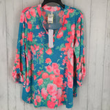 L tab slv flower print v-neck top