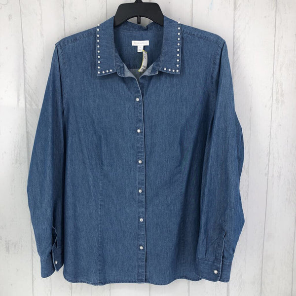 XXL Denim w/ pearls button down l/s top