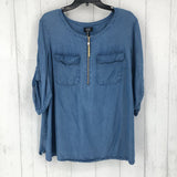 1X Denim half-zip elbow slv