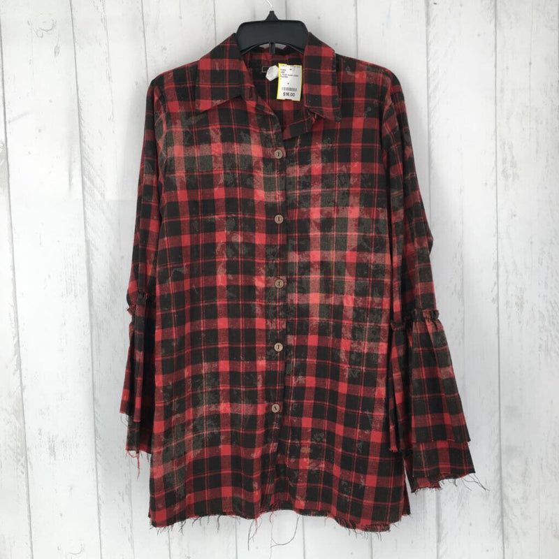 L Acid wash plaid ruffle slv button down