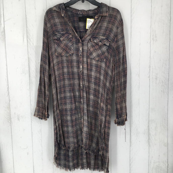 L Plaid raw hem button down dress l/s