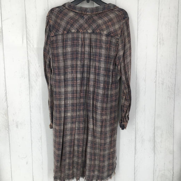 L Plaid raw hem button down dress l/s