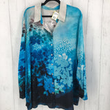 3X Flo print button down l/s blouse