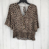 L Animal print faux button flare slv top